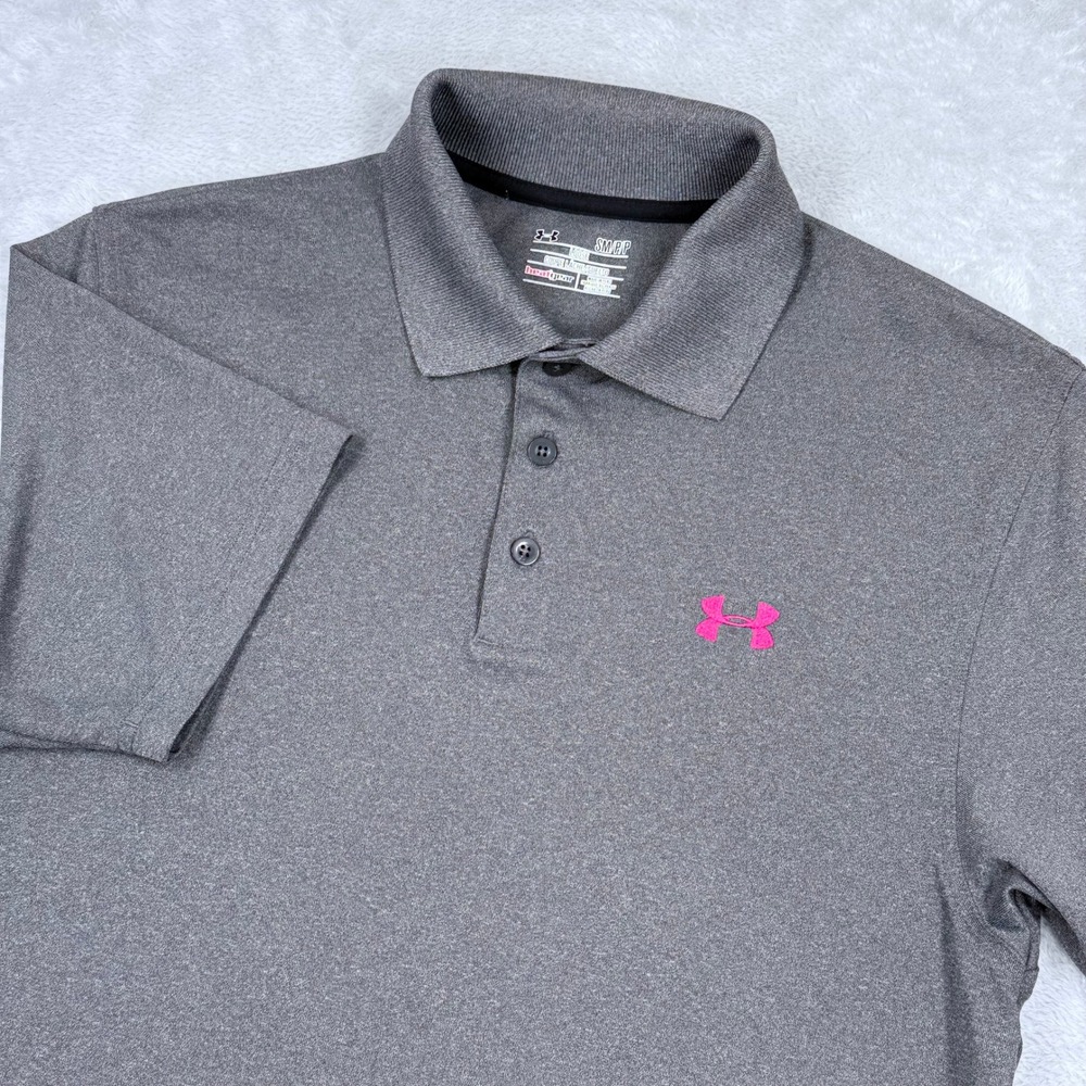 Under Armour Golf Polo Shirt Men Small Gray Pink HeatGear Loose Fit Short Sleeve